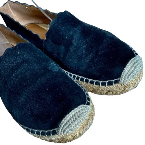 CHLOE Lauren Scalloped Espadrille Black Leather Suede Flat Women Shoes, Size 37