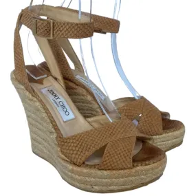 JIMMY CHOO Phoenix Brown Embossed Straw Espadrille Ankle Strap Wedges, Size 38.5