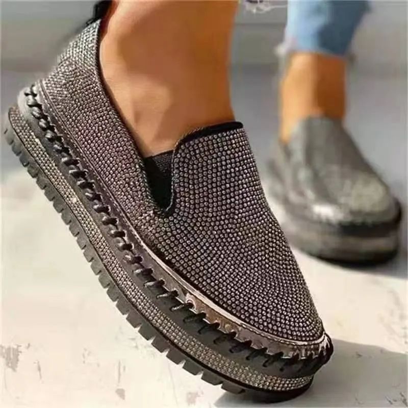 Luxury Women Flats Rhinestone Bling Sewing Platform Loafers Slip on Sewing Shallow Fashion Casual Shoes Ladies Footwear