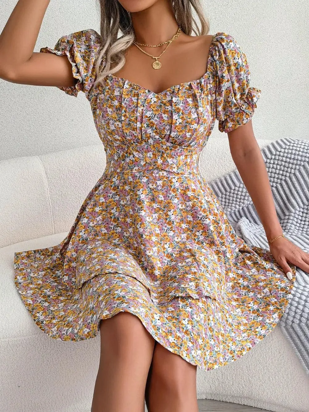 Mini Dress Temperament Big Swing Loose Hem Flower Print Shirring Dress Up